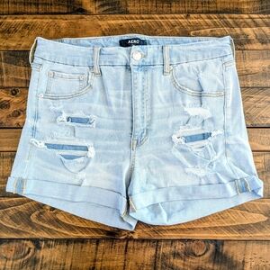 Women Aeropostale High Rise Curvy Midi Light Wash Blue Jean Distressed Shorts 14
